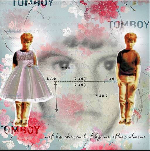 Image of a young girl in the background with floral pattern, two other people in the foreground appear to be older photographs.